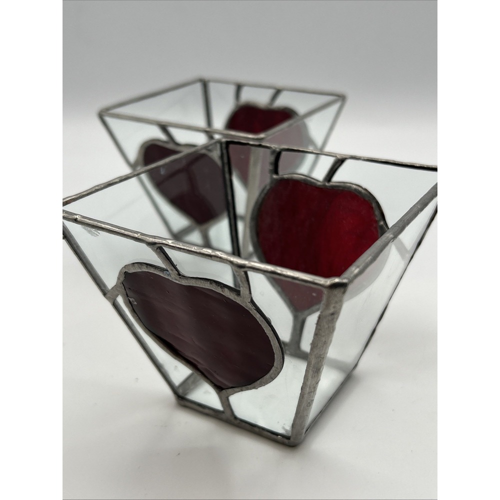 Pair (2) Hand Made Stained Glass Votives / Trinket Holder Red Hearts Country